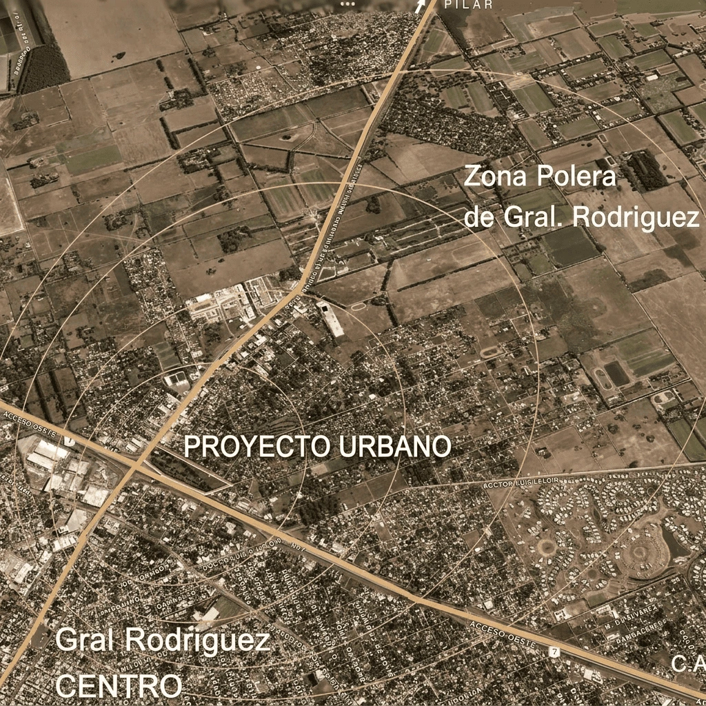 Ubicación del desarrollo sobre Colectora Norte y Ruta 28, General Rodríguez